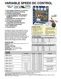 Thumbnail of document Data Sheet - OMDC-125DV-C Variable Speed DC Motor Control w/Adjustable horsepower settings